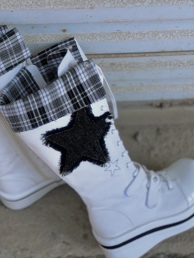 Punk with Boots Platform White Knee-high Embroidery Bone