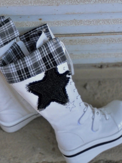 Punk with Boots Platform White Knee-high Embroidery Bone