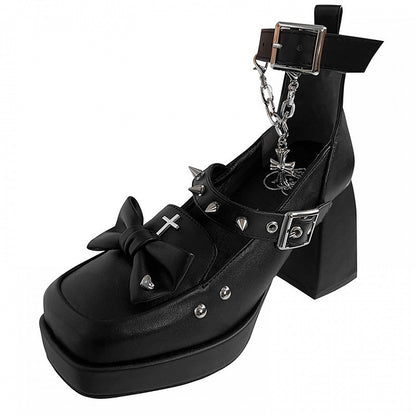 Matte Black Gothic Platform High Block Heels with Removable Ankle Strap, Snap Closure & Bow Accents