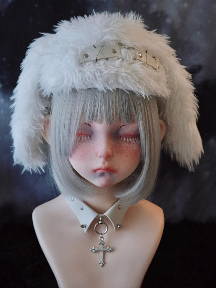 White Gothic Studs and Pins Bunny Ear Plush Hat