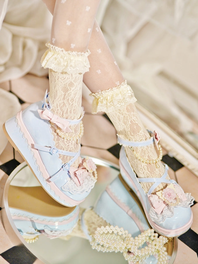 Blue Design With Lace Beaded Top Heart Platforms Detachable Buckle Chain at Trim Floral Bow