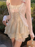 Bow Knit Pink Straps  Lace Trim Cardigan With Self-tie
