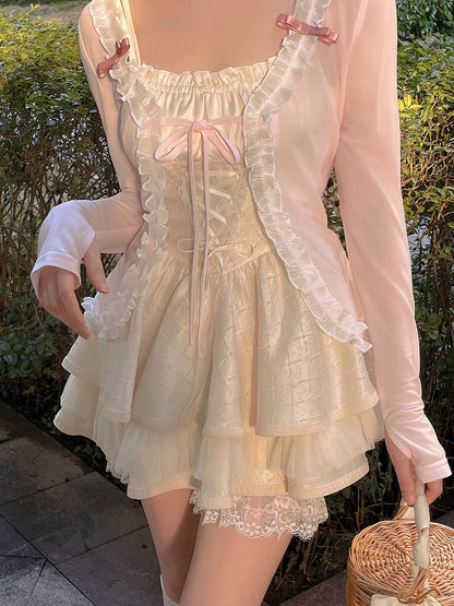 Bow Knit Pink Straps  Lace Trim Cardigan With Self-tie