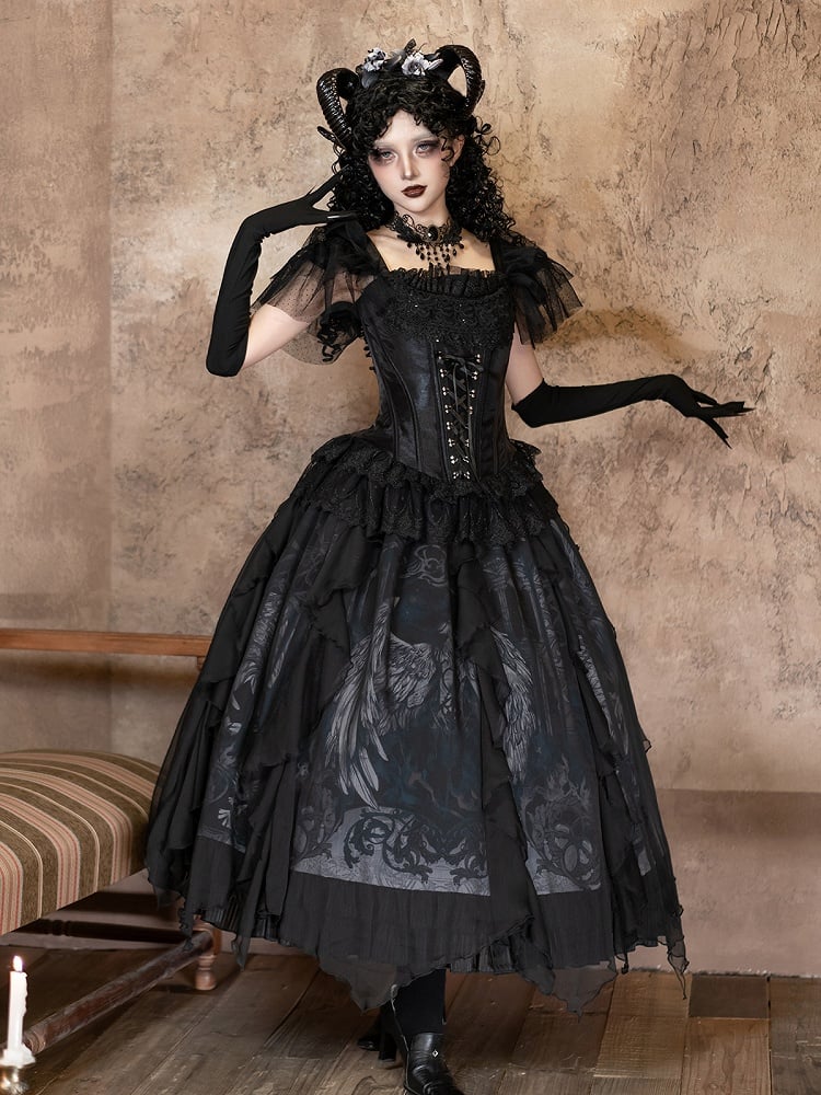 / Print Gothic with Lolita Trims Winged White Black Skirt Goat Cascading Ruffle