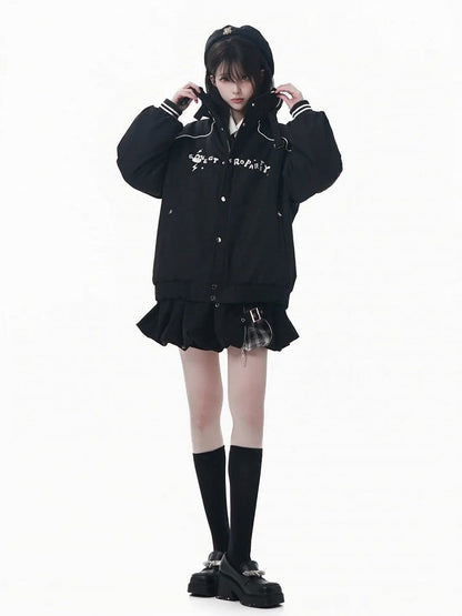 Padded Black Jacket Detail with Banded and Collar Buckle Embroidered