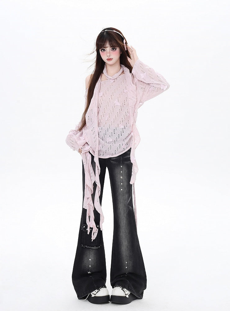 Free Cherry Blossom Pink Asymmetrical Hem Butterfly Coverup Scarf with Accents