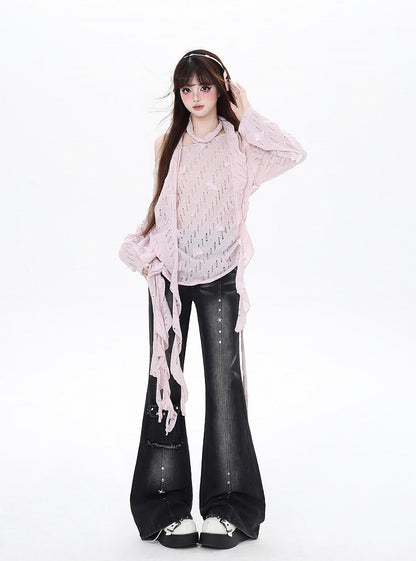 Free Cherry Blossom Pink Asymmetrical Hem Butterfly Coverup Scarf with Accents