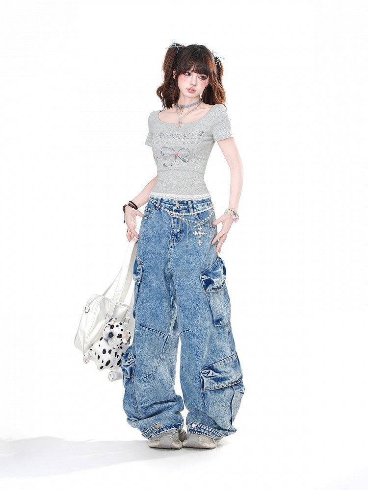 Black/Gray Bow Print Lace Trim Glamorous Cropped T-Shirt