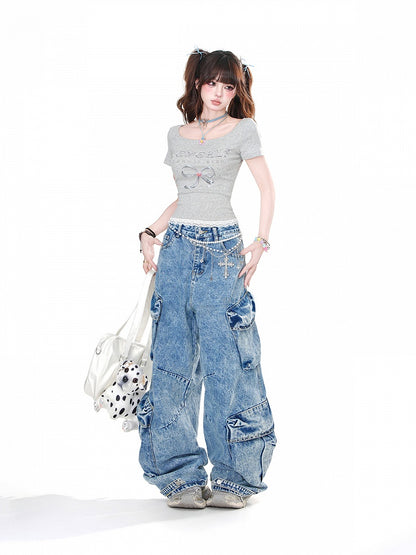 Black/Gray Bow Print Lace Trim Glamorous Cropped T-Shirt