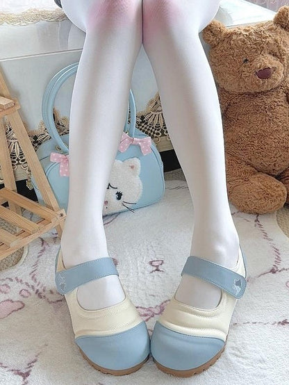 Sky Blue Sweet Lolita Shoes with Round Toe and Bell Print Hook and Loop Closure