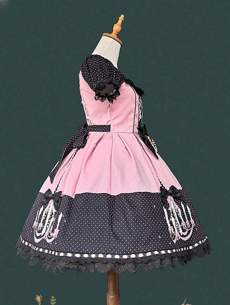 Dot Chandelier Pink Polka with Lolita Dress Print Black and Trim Lace Sweet