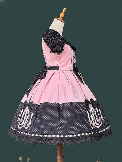 Dot Chandelier Pink Polka with Lolita Dress Print Black and Trim Lace Sweet