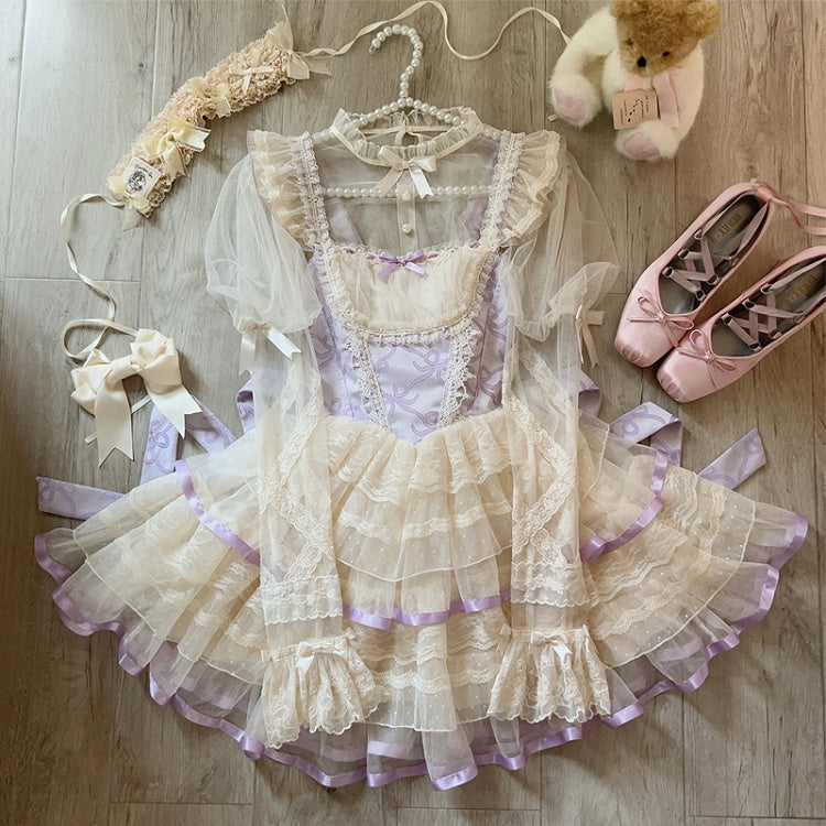 Skirt Purple Print Basque Waist Balletcore Lolita Bows Jumper