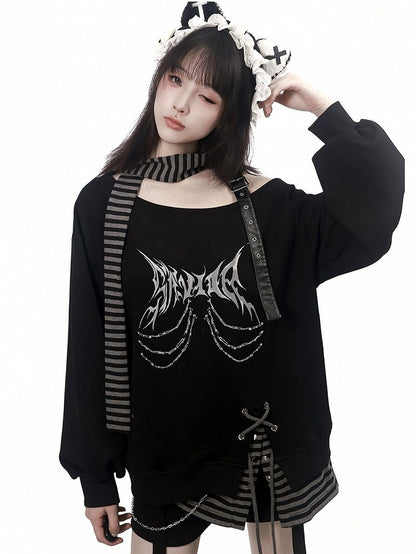 Dark Theme Print Black & Gray Faux Two-Piece Asymmetric Shoulder Sweatshirt with Striped Scarf - PINK SAVIOR