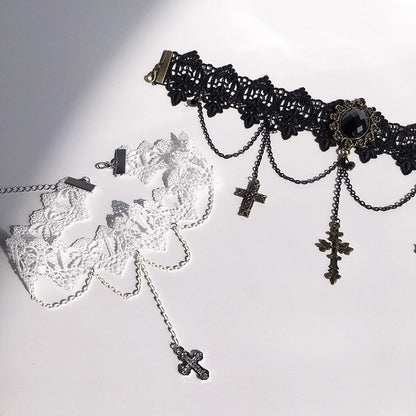 Pendants with Black/White Gothic Antique Lace Cross Choker