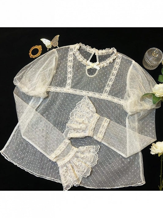 Cream Sheer Polka-Dot Tulle Long-Sleeve Lolita Blouse