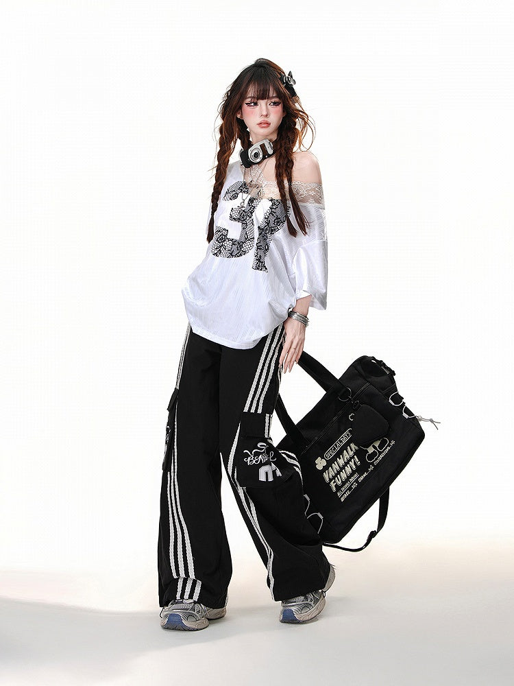 Black Lace Number Design White Asymmetrical Neckline Lace Patches Neckline Loose T-Shirt