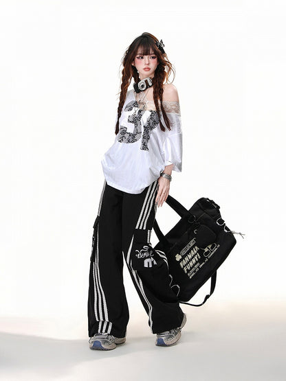 Black Lace Number Design White Asymmetrical Neckline Lace Patches Neckline Loose T-Shirt