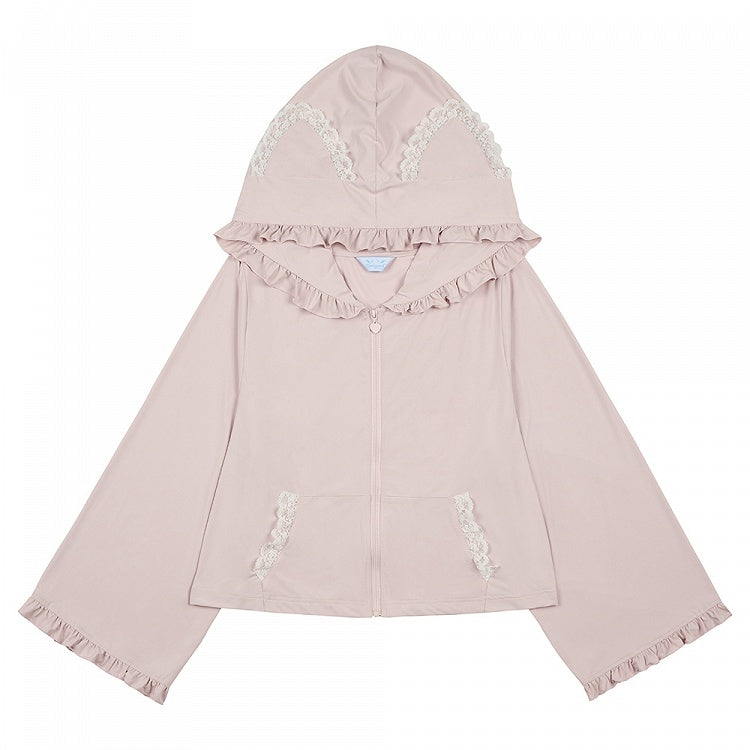 Jirai Kei Sleeves with White/Black/Blue/Pink/Gray Hooded in Baggy Kitty-Ear Long Jacket