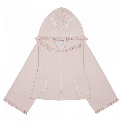 Jirai Kei Sleeves with White/Black/Blue/Pink/Gray Hooded in Baggy Kitty-Ear Long Jacket