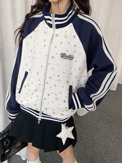 White Dark Blue Striped Star Print Jacket - Solkatt