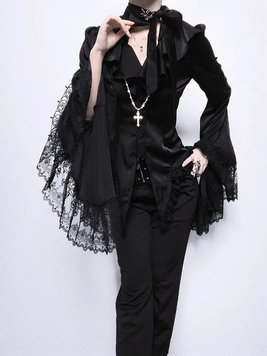 Sleeves Split-tail Shirt Lolita With Bell Black Ouji Gothic Lace Trim And