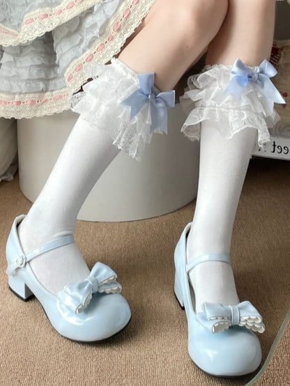 Socks Cuff Ruffle Blue/White/Pink Bow Calf Lace