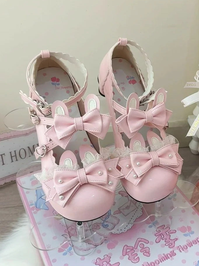 Low-heel Accent in Janes Pink Mary with Rabbit Ear Bow Sweet Lolita Leather PU