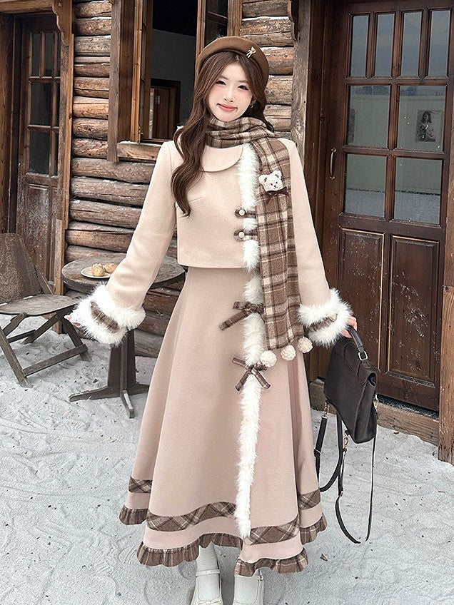 Fur Classic Plaid Set Top Scarf Trim Hem Khaki Lolita Skirt Elegant + Faux Ruffle