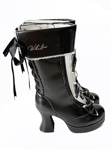 Platform Black Elegant High-heel with Closure PU Lolita Accents System Bow Dual Boots
