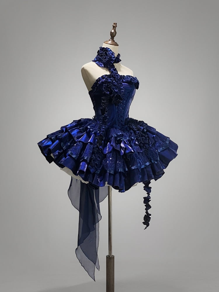 Klein Blue Roses Neckline Lolita Goth Boning Dress Sequins Tiered Puffy Dress