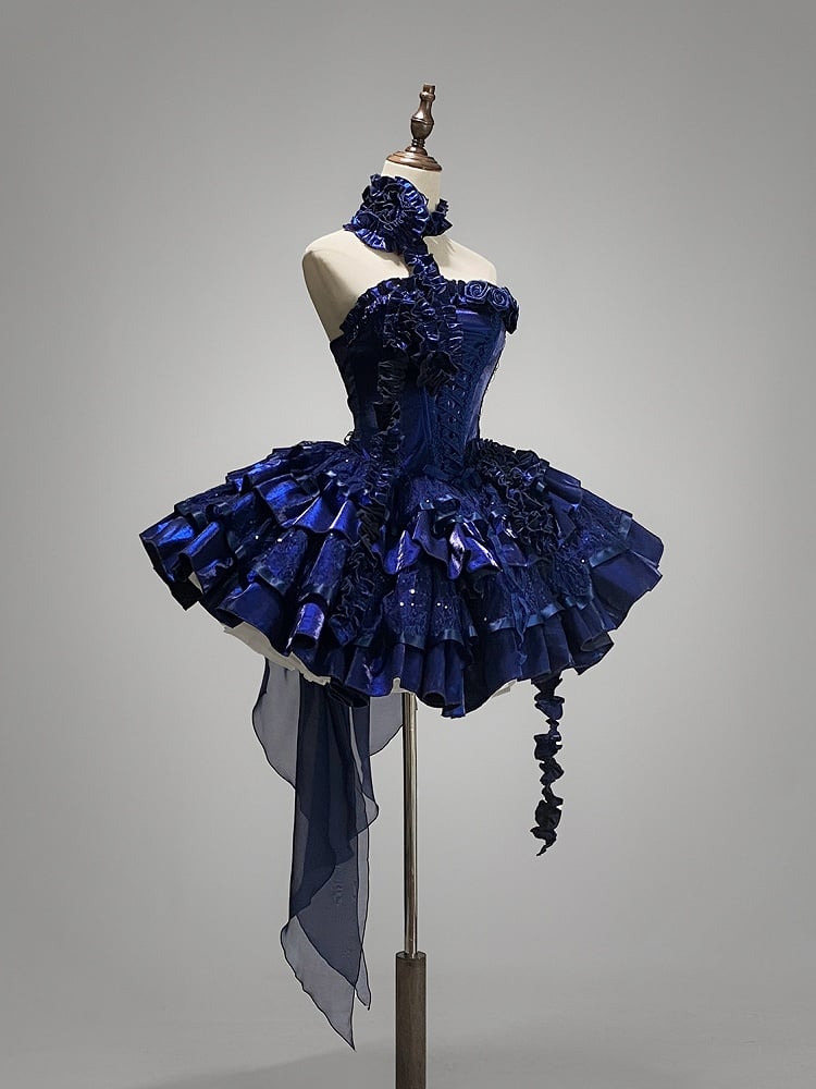 Ausschnitt Rosen Blau Klein Pailletten Stäbchen Puffy Goth Stufenkleid Lolita