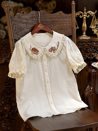 Chocolate Embroidery Collar Cream Short Sleeve Lolita Blouse - Dream Magic Box