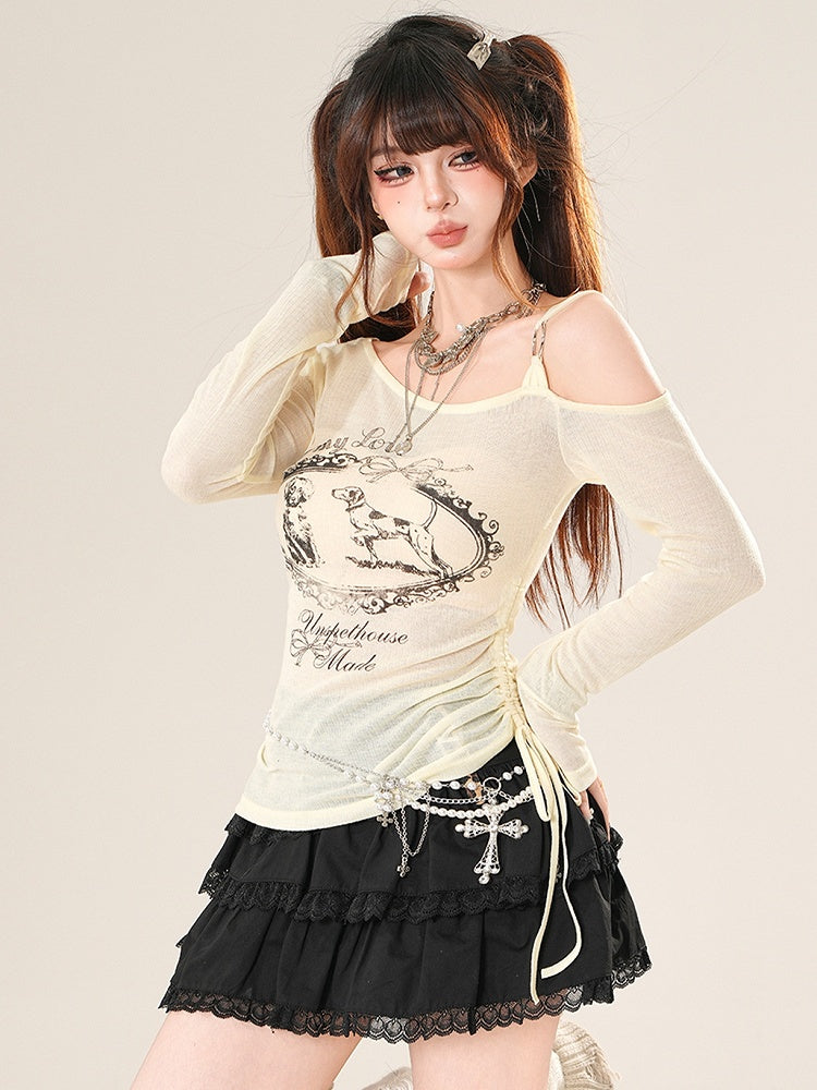 ホワイト/ベージュのトップス、袖、ネックライン、アシンメトリー、ロングレタープリント、子犬と