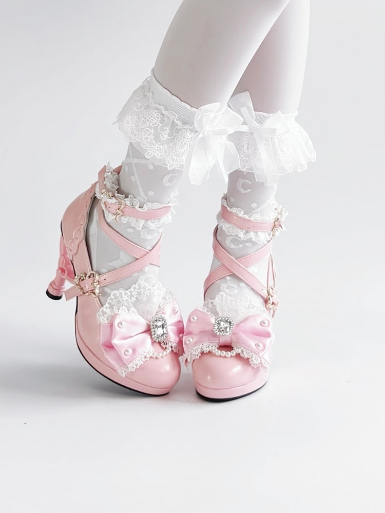 High Lolita Bow Lace Pink Heels Hime Trim Crystal Bead - with