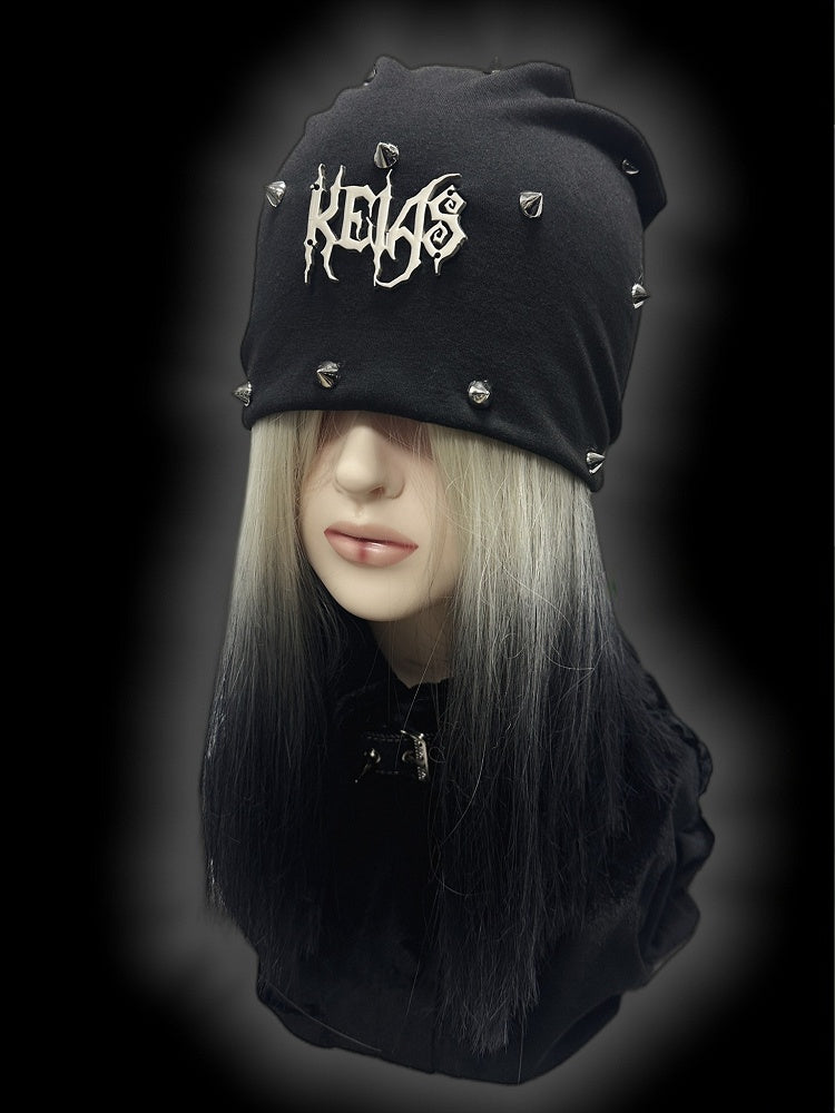 Y2K Schwarze Metallic-Buchstabendetails Nieten Punk Slouchy Beanie