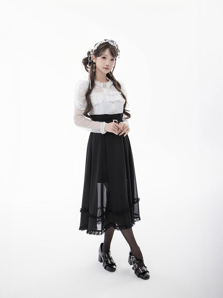 Skirt with Buckle Belt Black High Waist Mesh Overlay