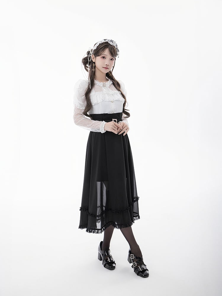 ブラウス+蝶ネクタイ ホワイト イリュージョンネックライン ジュリエットスリーブ ジライケイ レース