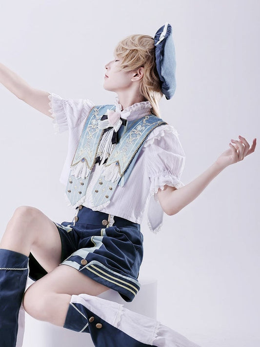 White and Gold Shirt Black Buttons Lolita Heart-Shaped Bow with Ruffled