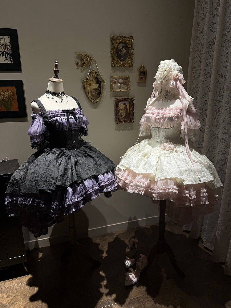 Gothic Underbust JSK Dress with Off-Shoulder Blouse, Purple & Black, High-Low Skirt - Sheer Ocean