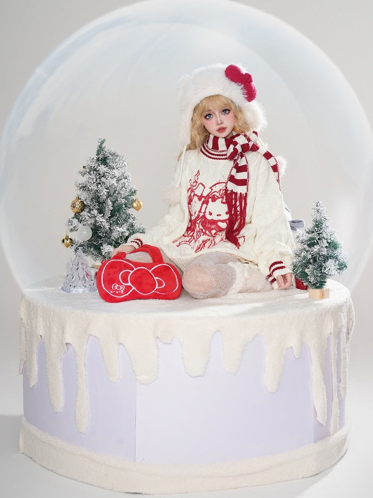 Lockerer Pullover mit Rundhalsausschnitt und rotem Kätzchenmuster und gratis gestreiftem Schal