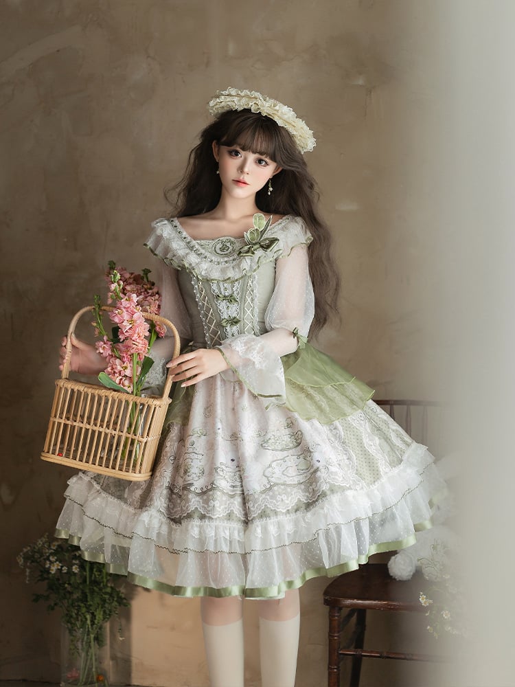 Lace Sleeves Dress Teacup and Rabbit Print Trimmings Lolita Long Green with