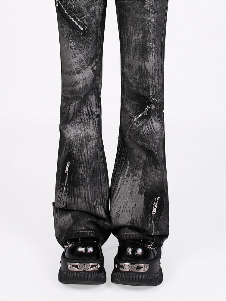 Vintage Punk Graffiti Black Low-Rise Jeans with Asymmetrical Zipper Design