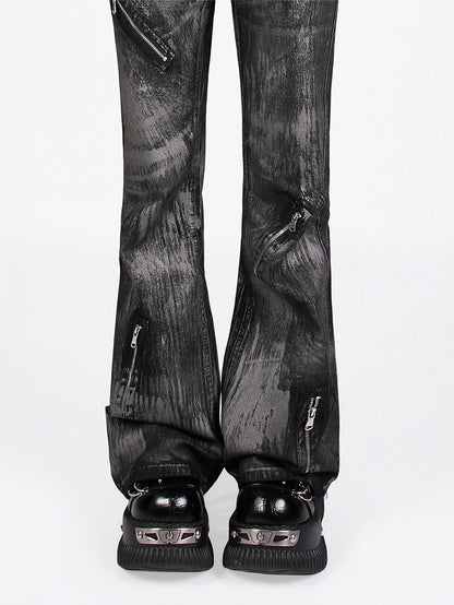 Vintage Punk Graffiti Black Low-Rise Jeans with Asymmetrical Zipper Design