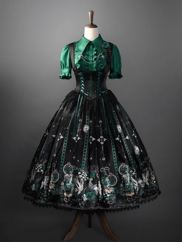 Green Rosette and Skull Print Gothic Lolita Corset Under Bust JSK Dress - Sweetheart Love Song