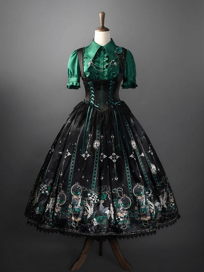 Green Rosette and Skull Print Gothic Lolita Corset Under Bust JSK Dress - Sweetheart Love Song