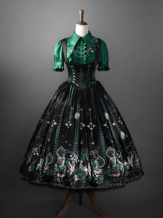 Green Rosette and Skull Print Gothic Lolita Corset Under Bust JSK Dress - Sweetheart Love Song