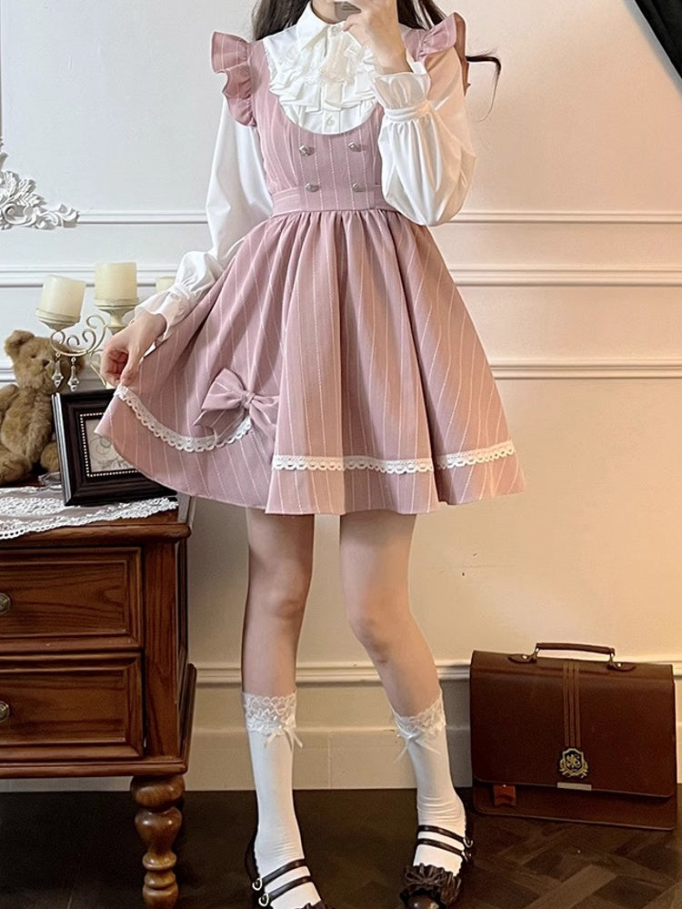 Rosa süßes, gestreiftes Kleid mit Schleife und Spitze, U-Ausschnitt über dem Knie