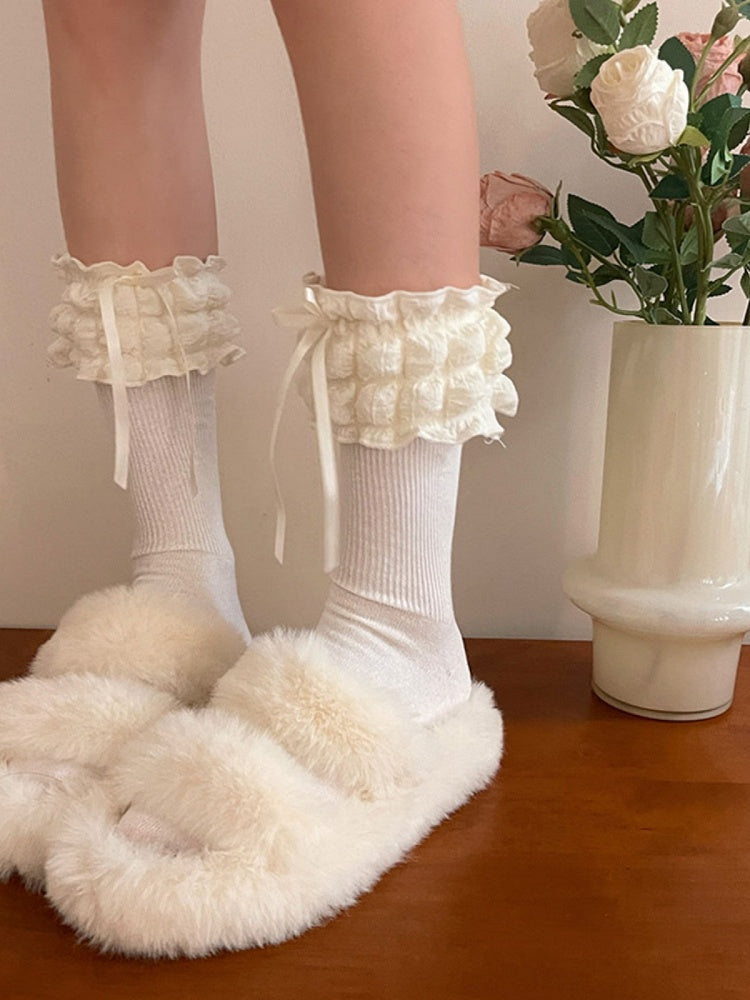 Ribbon Ruffle Decoration White/Black/Brown with Bow Socks Puffy Lolita