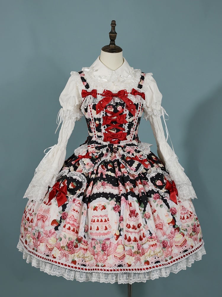 Set Black and Strawberry Desserts Full Sweet Print Lolita JSK /